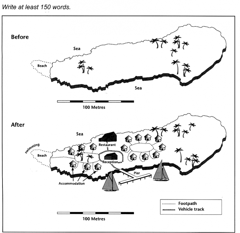 Task map. The two Maps show an Island before and after Construction. Cambridge 16 writing Map.